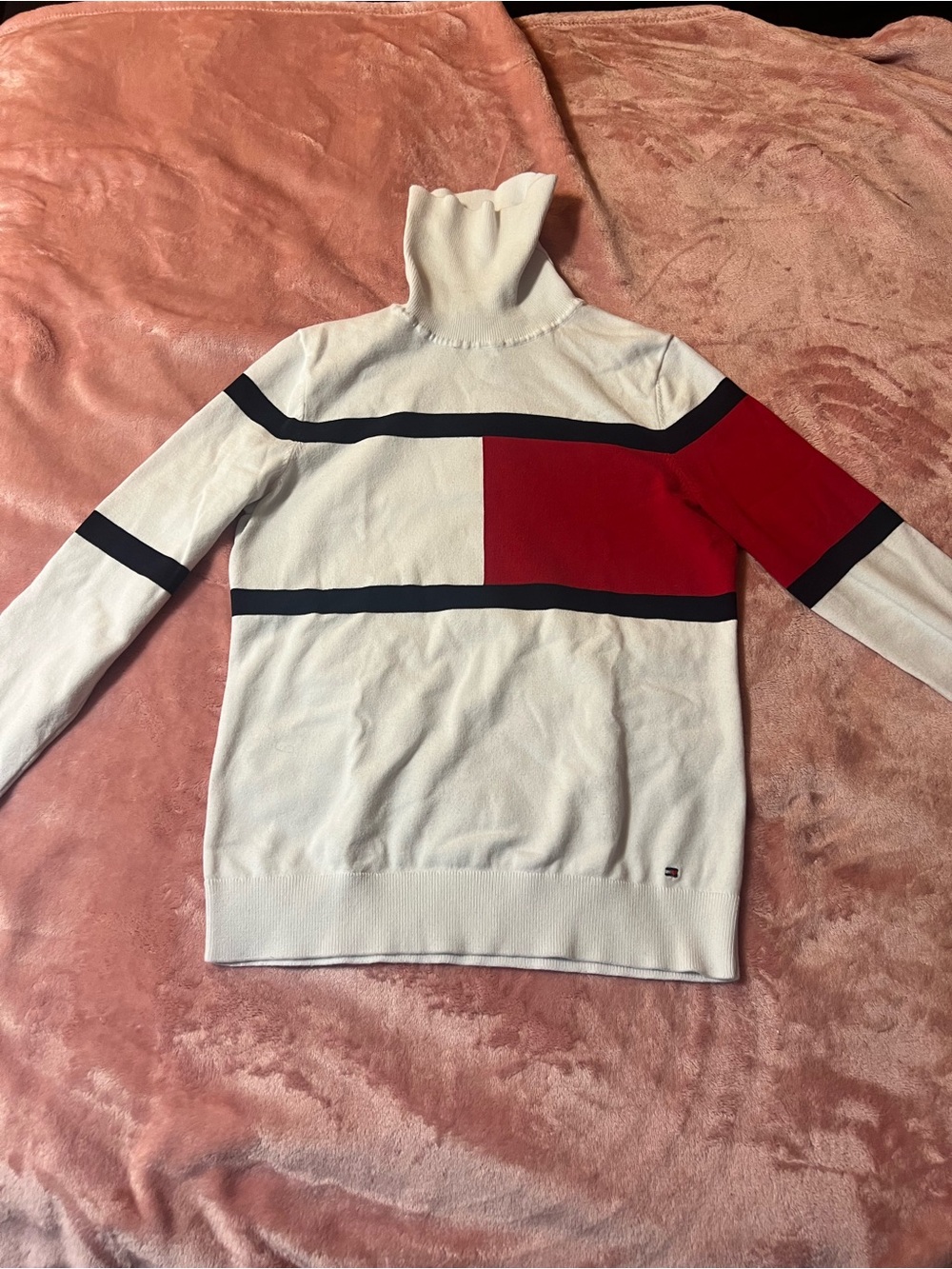 Tommy Hilfiger White, Red & Navy Colorblock Turtleneck Sweater